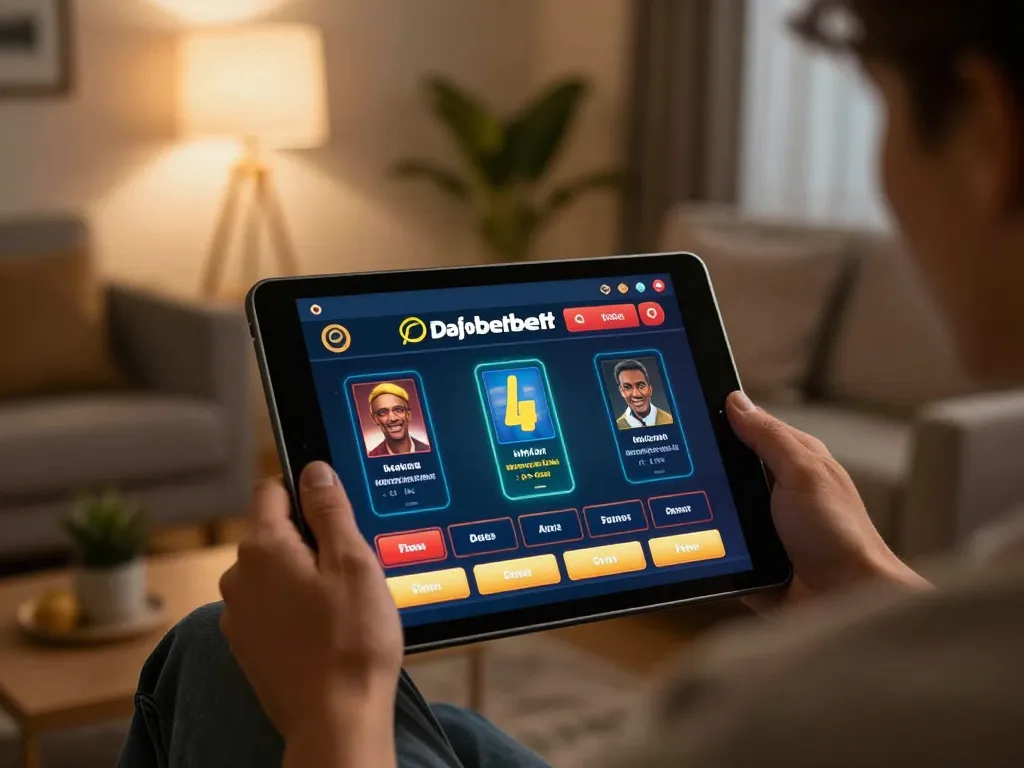 Dafabet online betting interface on a tablet, user engaged in a strategic session in a cozy home