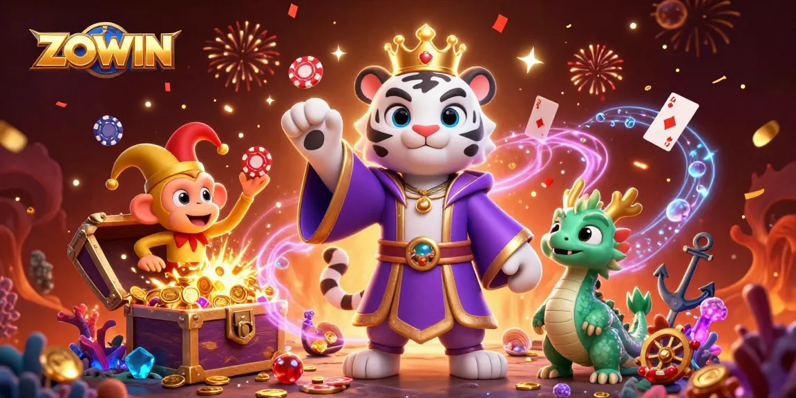 ZOWIN elevates your gaming with a lively scene of a tiger, monkey, and jade dragon in a vibrant casino atmosphere.