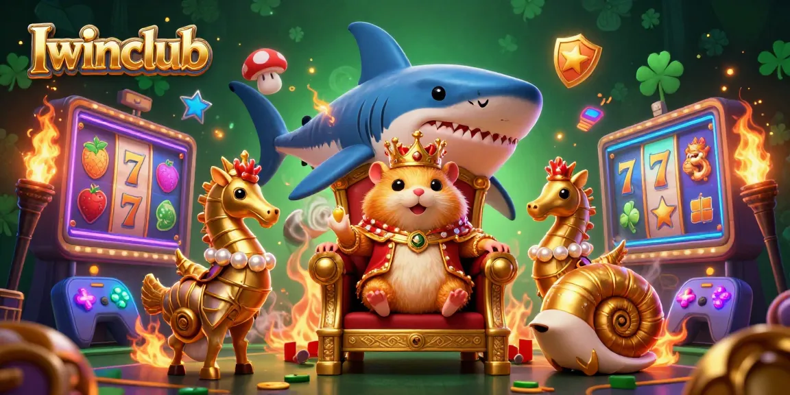 Iwinclub engagingly hosts a vibrant 3D casino scene featuring a golden hamster king and glowing arcade machines.