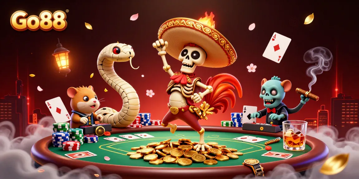 Experience the vibrant world of Go88 with a lively casino scene featuring a mariachi rooster, mummy snake, and DJ hamster.