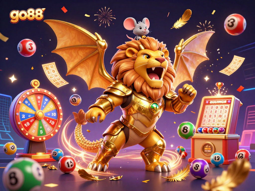 Experience go88's thrilling lottery adventure with vibrant creatures and festive elements.