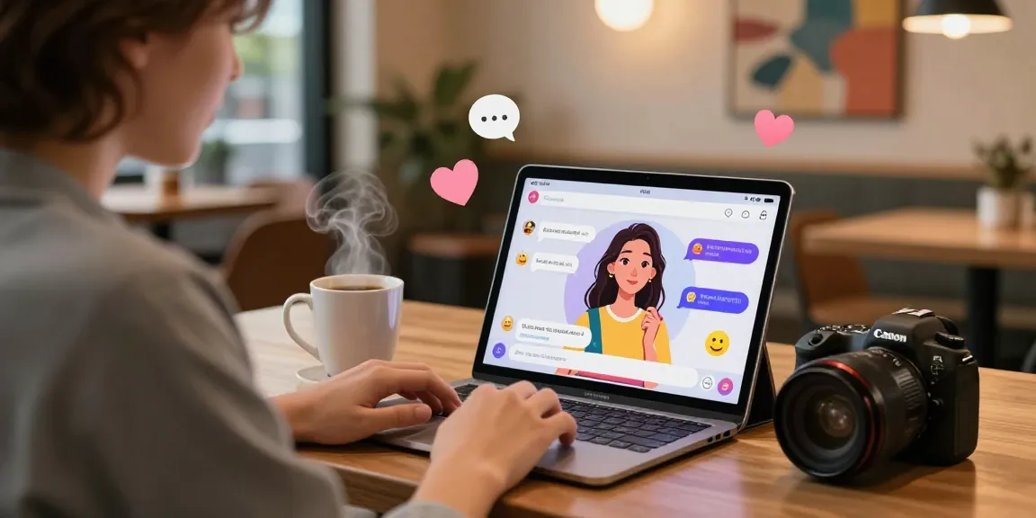 Engaging conversation with an AI girlfriend app displayed on a tablet, cozy café setting with romantic atmosphere.