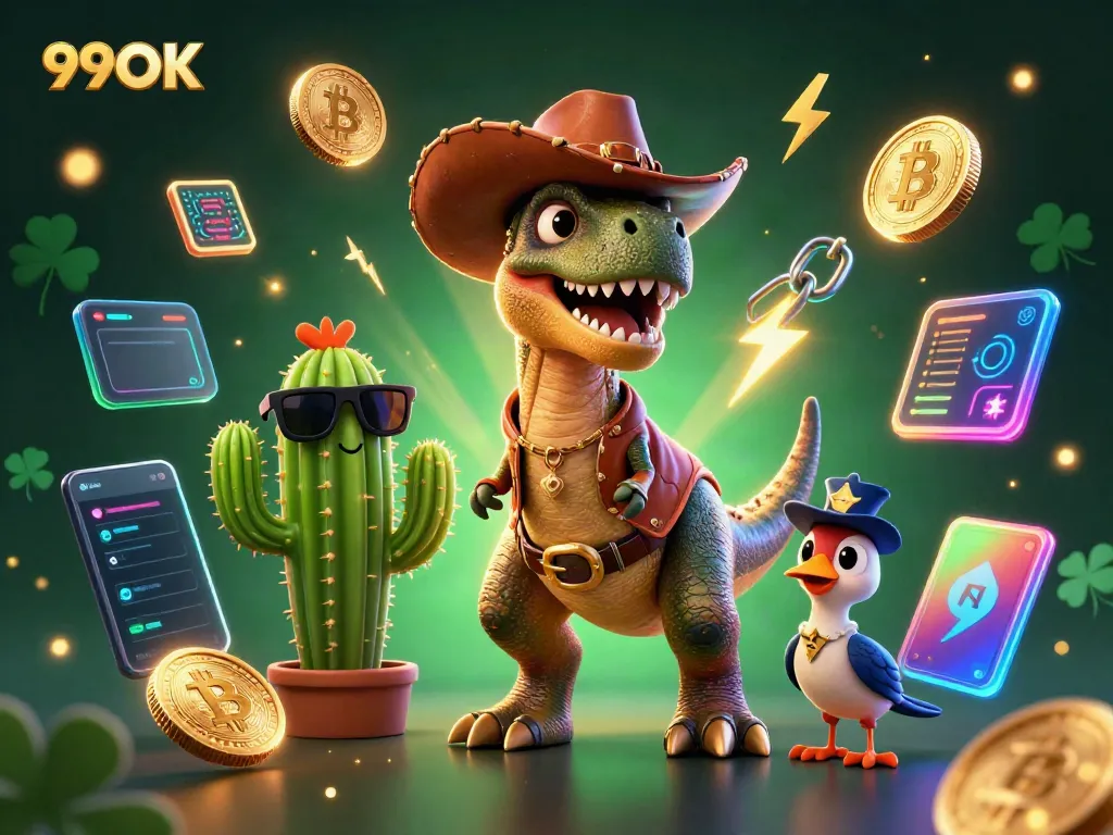 Experience the excitement of 99OK's casino with a vibrant 3D illustration showcasing a T-Rex cowboy and crypto elements.