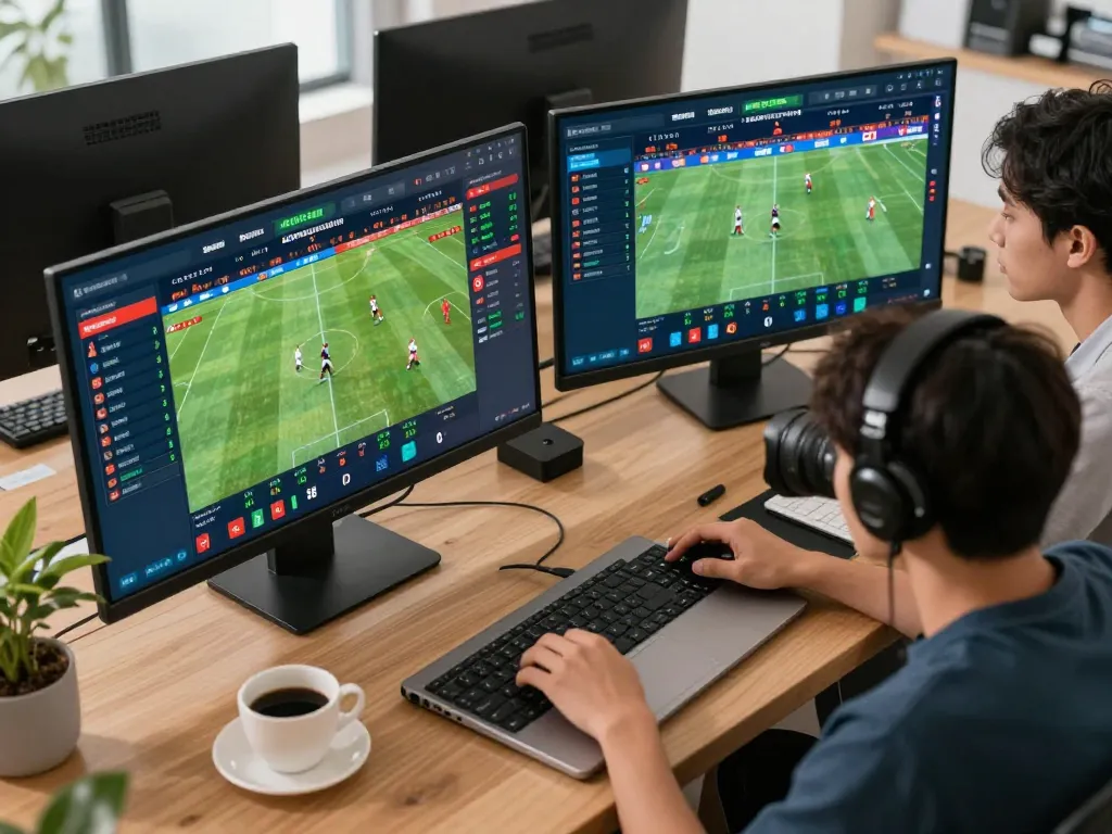 Users analyzing live sports odds on nhandinhkeonhacai, placed bets showing excitement in home office