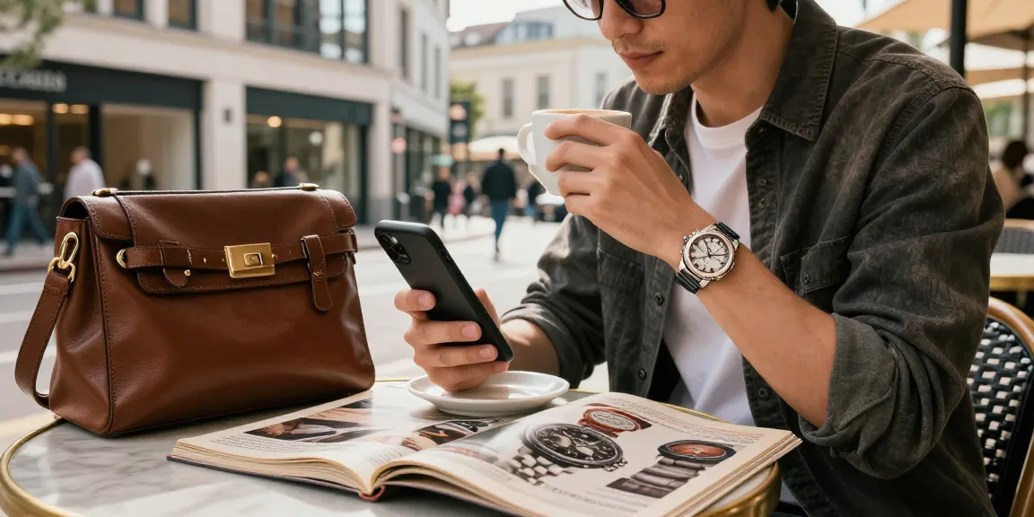 Stylish individual with a replica watch in a trendy café setting, capturing urban elegance.
