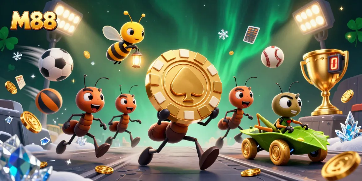 M88 players rolling with golden stakes in a vibrant 3D casino heist scene.