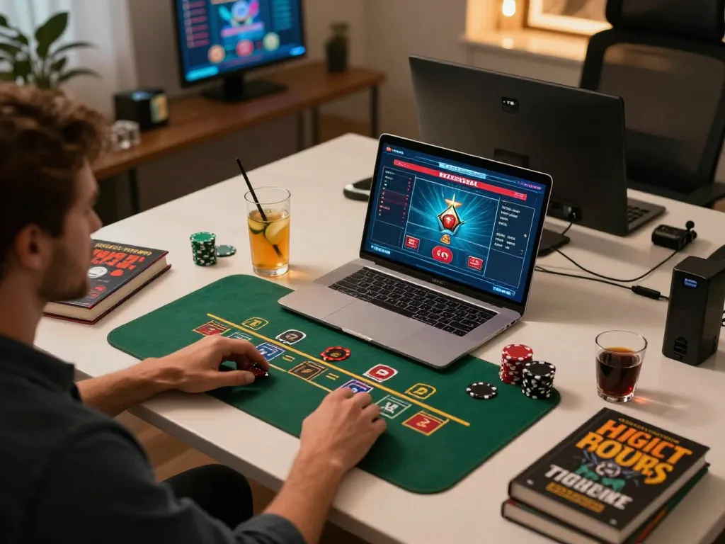 Engaged player enjoying ATQ 777x online blackjack gameplay at home.