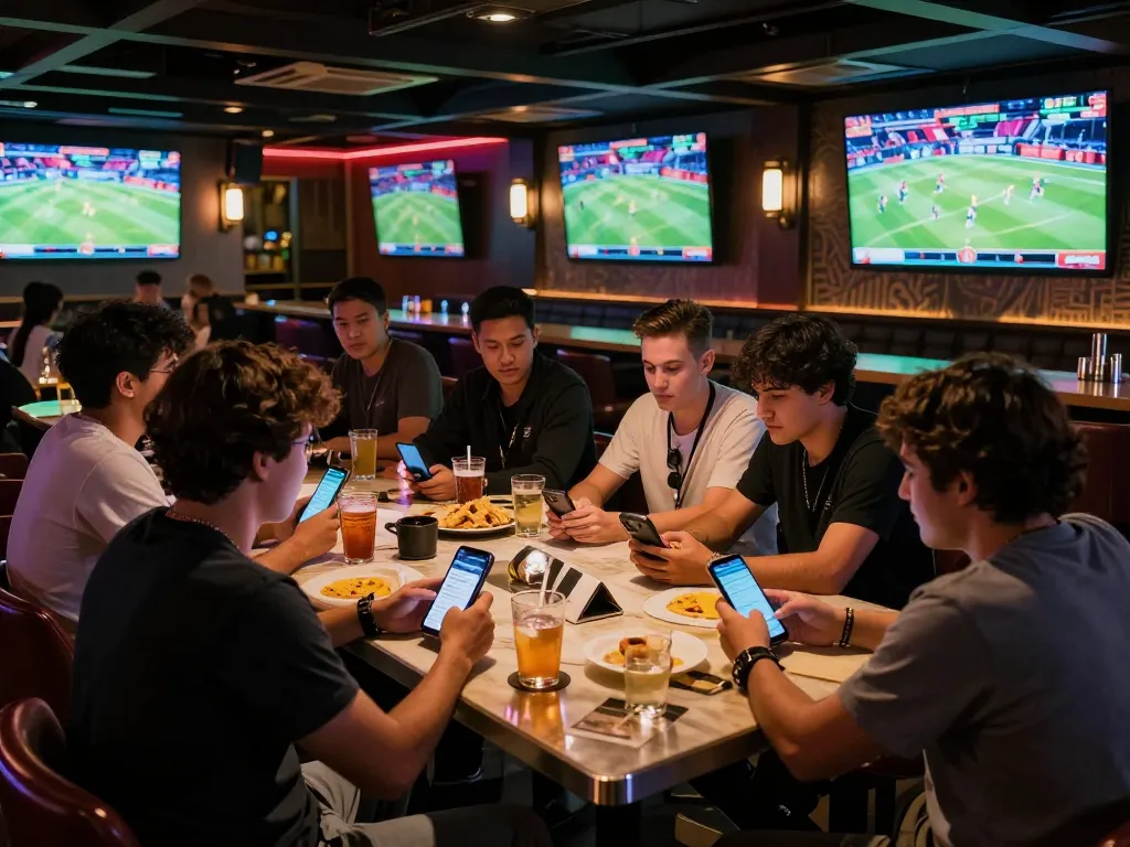 Engaged sports bettors checking their apps at sv88n in a lively bar atmosphere