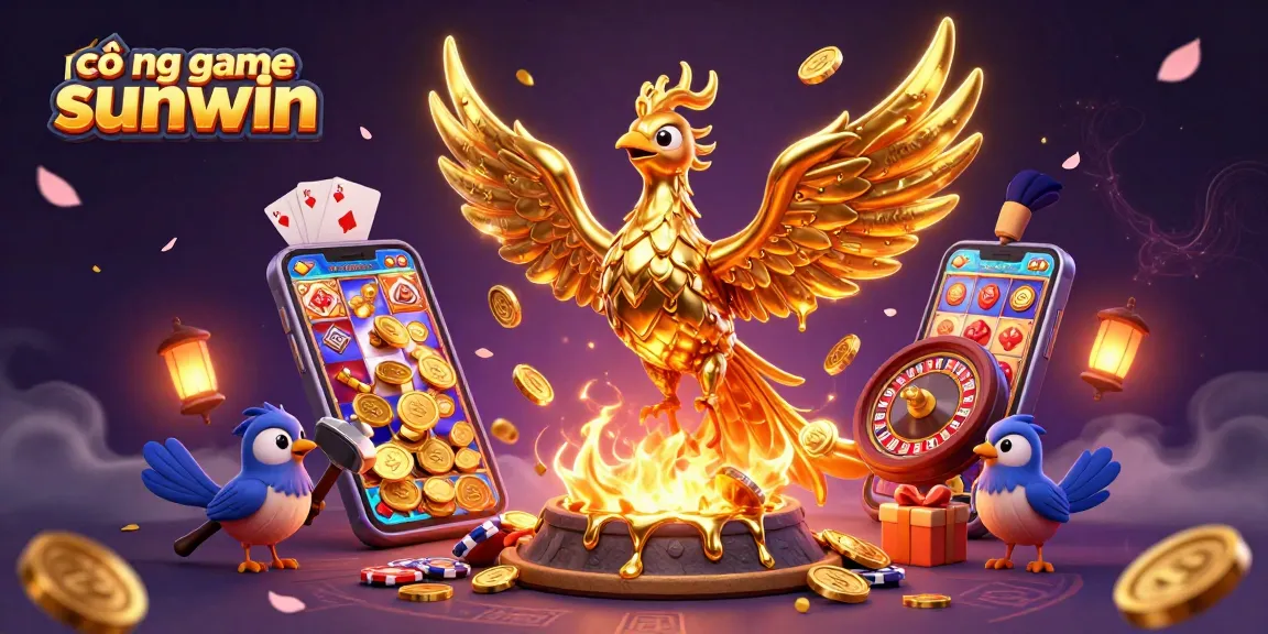 Experience the thrill of cổng game sunwin with a dynamic 3D illustration showcasing a molten phoenix and exciting gaming elements.