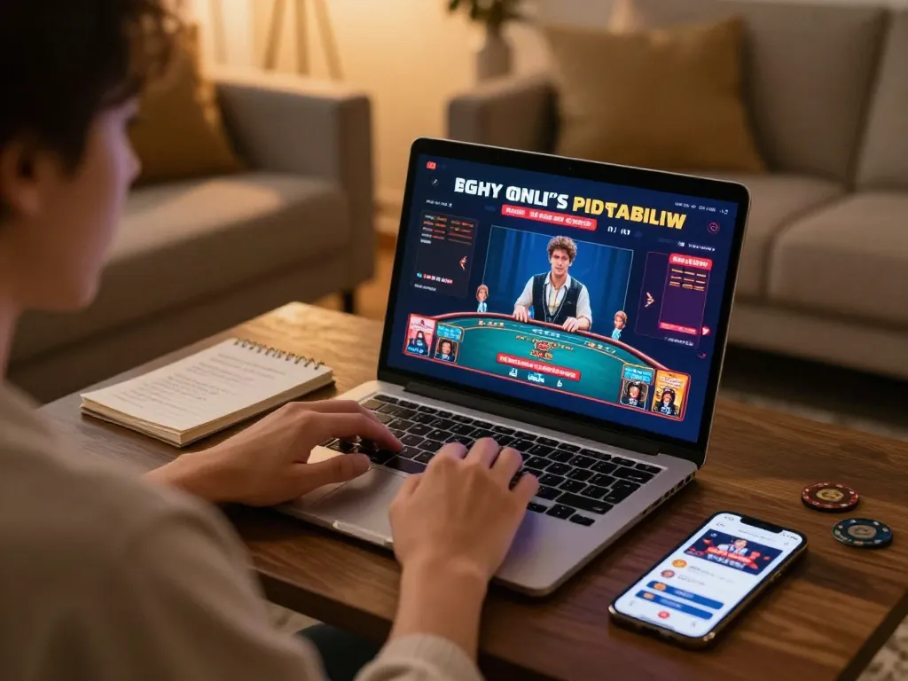 Engaging in online casino gaming with BL555 on a cozy living room setup, laptop screen showing live dealer games.