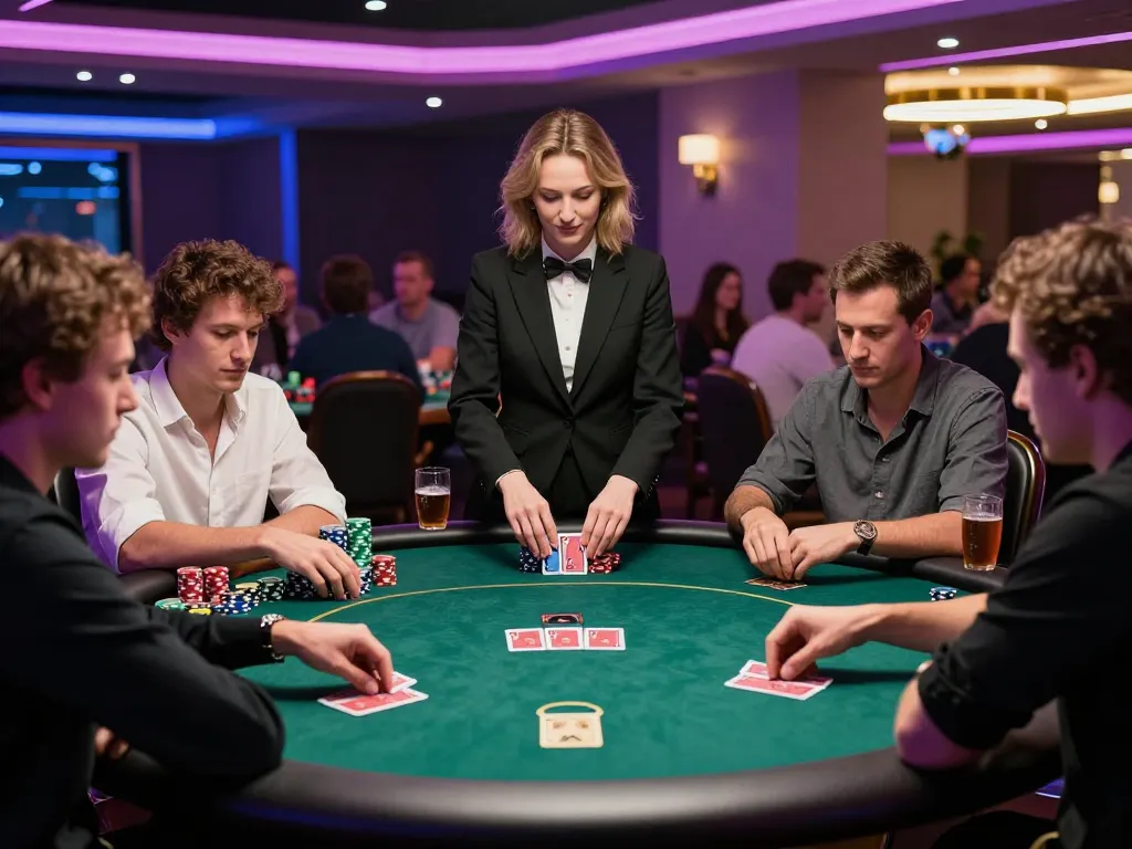 Players strategizing and betting at a poker table in XX88 casino.