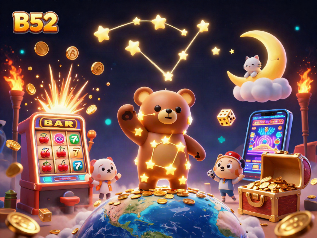 B52 players enjoying a vibrant casino experience with slot machines, golden coins, and festive characters.