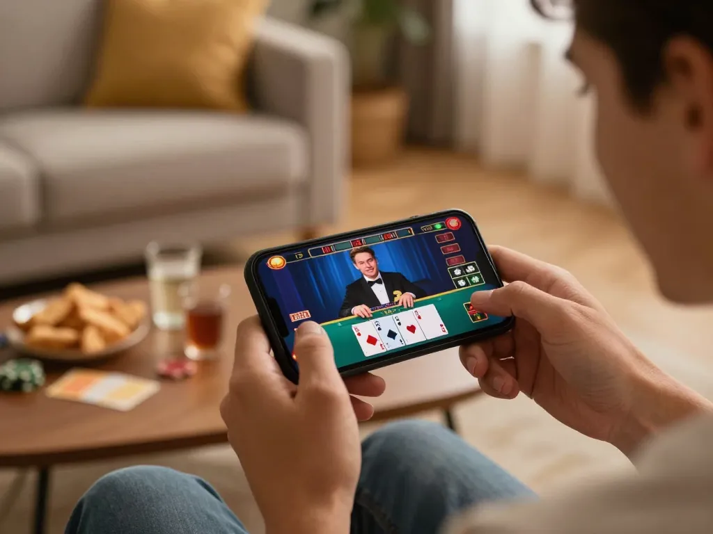 Experience thrilling mobile blackjack action with XX88 on your smartphone in a cozy home setting.