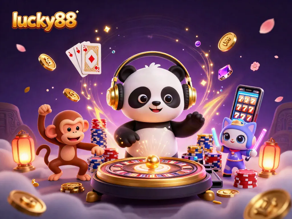 Spin the reels and win big with lucky88, a vibrant illustration showcasing festive casino characters and elements.