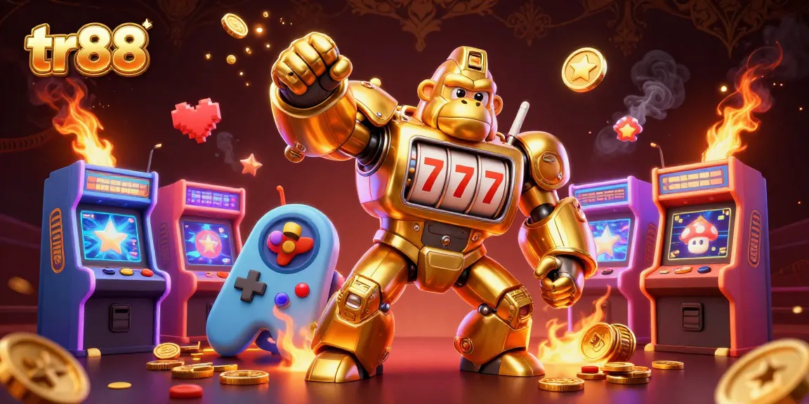 Join the excitement at tr88 with a golden gorilla mech celebrating wins amid dynamic gaming action.