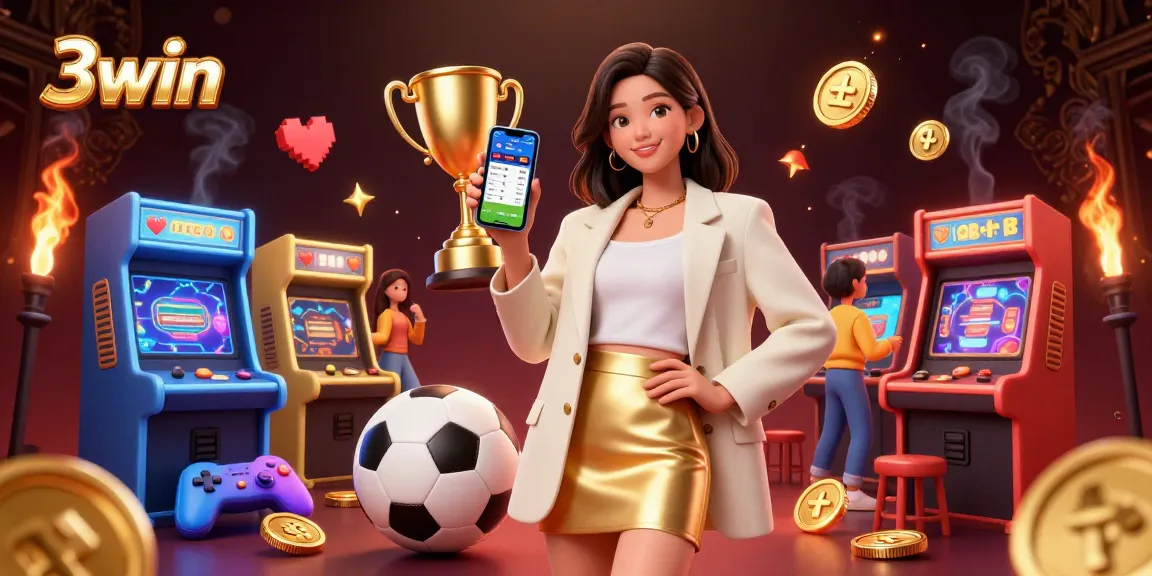 3win sports betting app showcased by an Asian woman in a dynamic casino scene filled with game elements