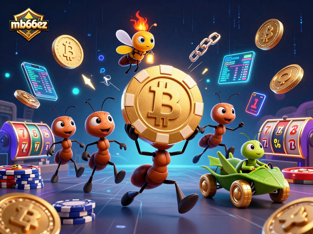 mb66ez showcases a lively heist scene featuring ants stealing a giant poker chip amidst digital casino elements