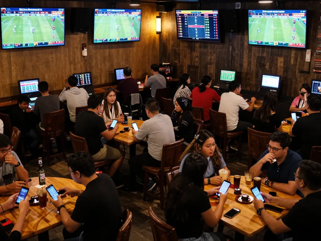 Excited patrons placing sports bets while watching live games at a bar, keonhacaii88