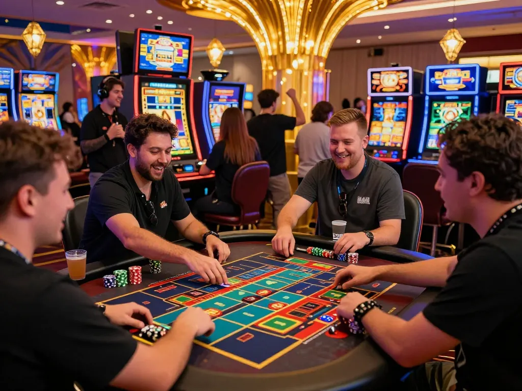 Exciting online gaming scene at Gem88 casino with players enjoying vibrant slot machines and engaging atmosphere.