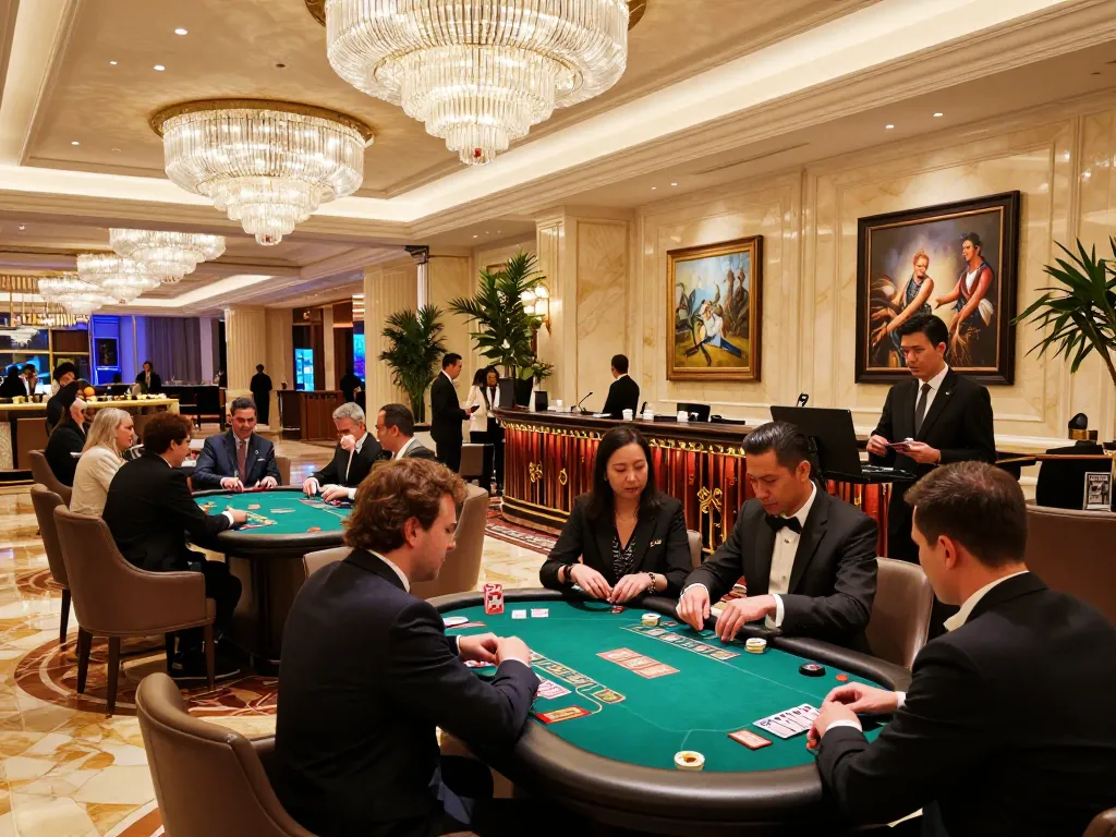 Exciting gameplay at hay88 casino tables with players and dealers at upscale venue.