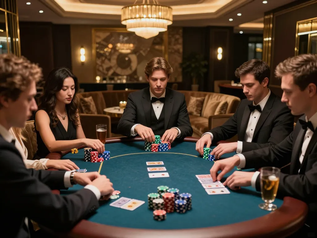 Engaging poker game among friends at a luxury casino, an exciting VIN777 experience.