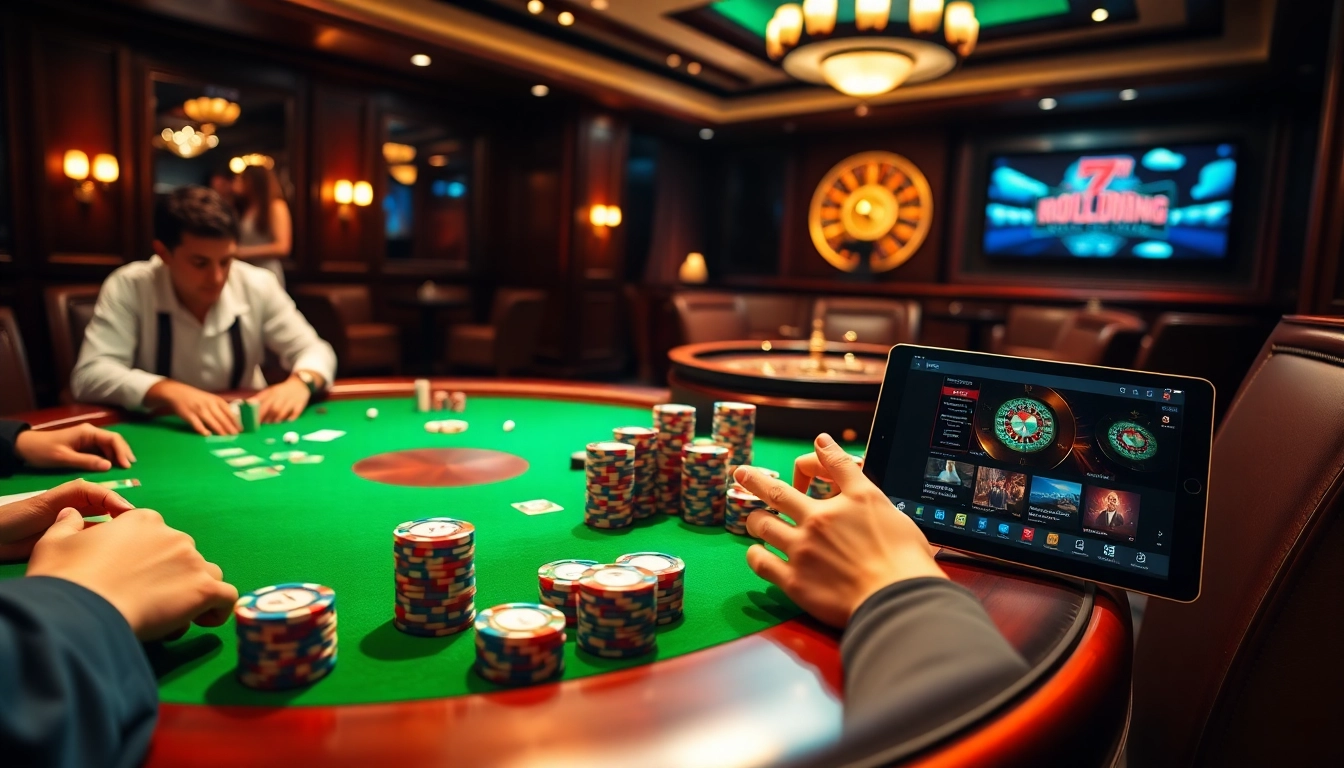 Experience thrilling gameplay at a luxurious casino as players engage in high-stakes poker, showcasing 7m cn's vibrant betting atmosphere.