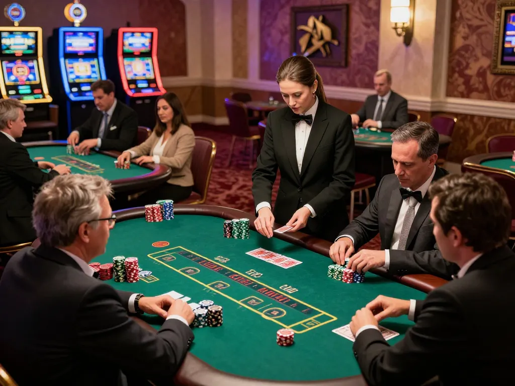 Engaged players at a blackjack table strategizing bets in a vibrant casino setting, capturing the excitement of 7M.