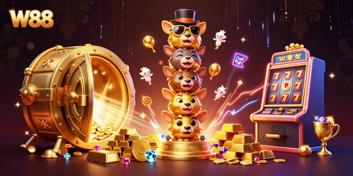 Experience thrilling wins with W88's vibrant 3D casino ambiance featuring a golden totem pole and slot machine.