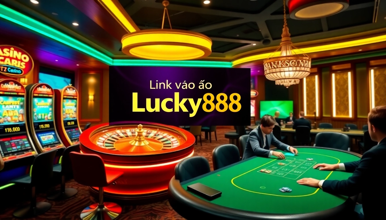 Engaging scene of gambling activities showcasing Link vào Lucky88 with casino tables and vibrant slot machines.