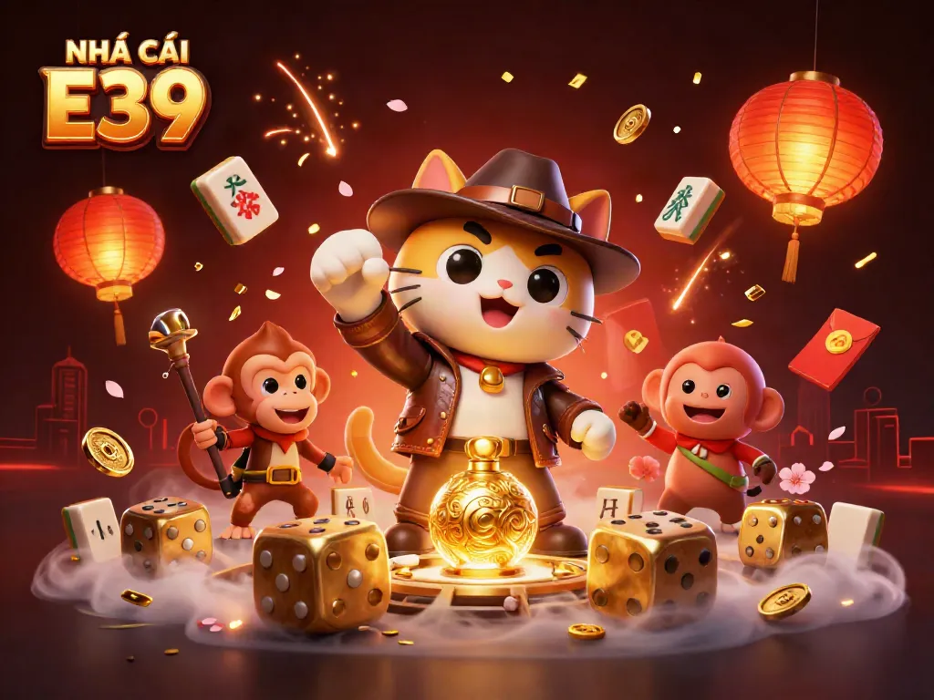 Experience exhilarating gaming moments with NHÀ CÁI E39 in this vibrant casino-themed 3D illustration.