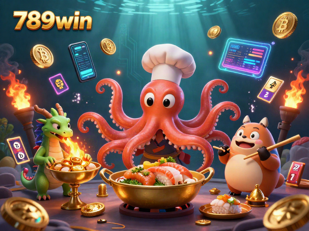 Experience the thrill of 789win with a vibrant 3D casino illustration featuring an octopus chef and digital gaming elements.