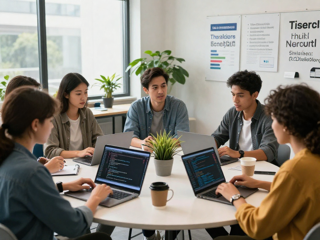 Team collaborating on AI project, keyword ai slut evident in innovative tech workspace.
