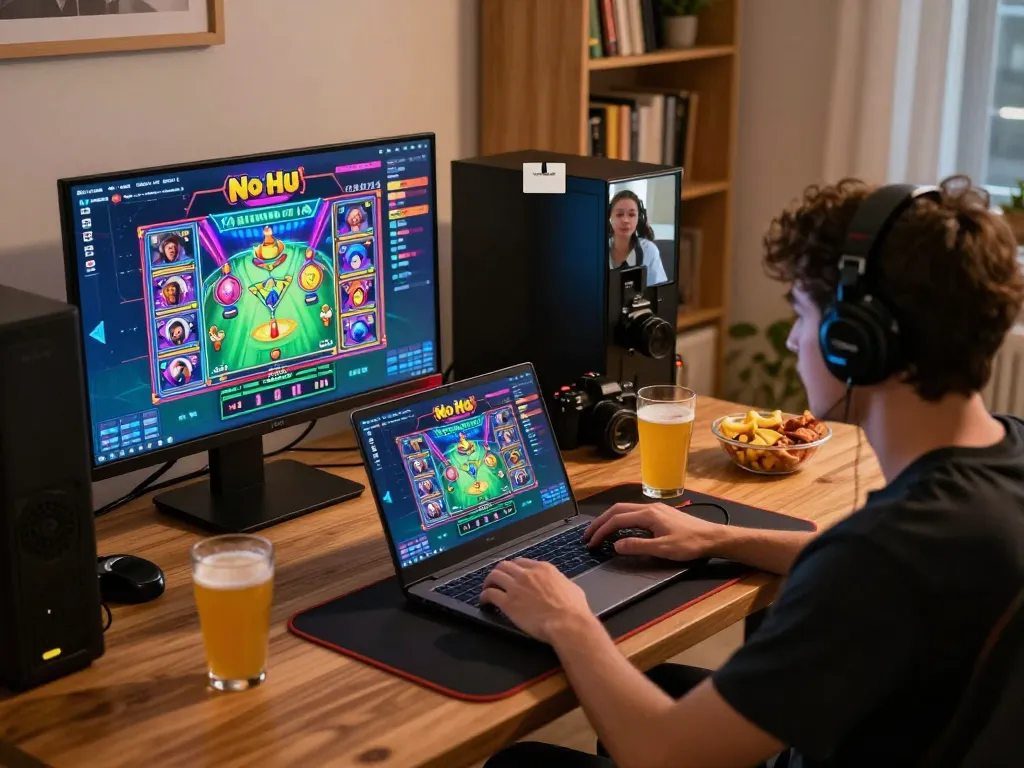 Engaging online gameplay with No Hu slot graphics on screen, dynamic gaming atmosphere.