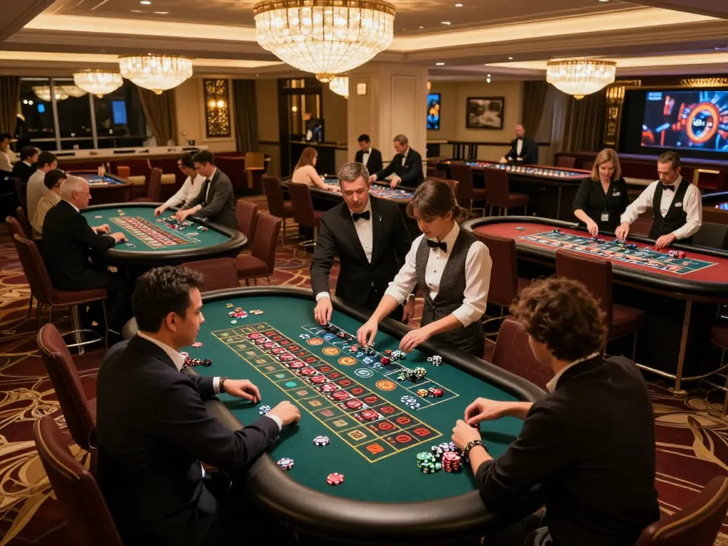 Các người chơi tham gia vào bàn roulette và lựa chọn đặt cược tại casino cao cấp của Go88, thể hiện không khí sôi động của trò chơi bạc