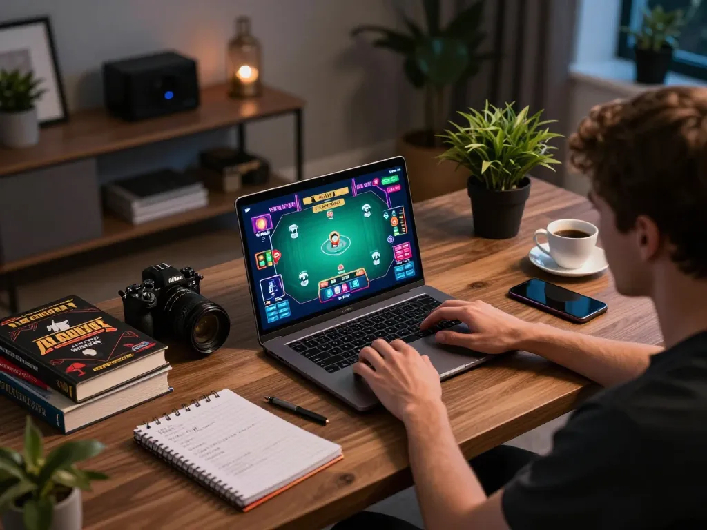 Play poker online with 33winn in a stylish home office, interactive gameplay visible.