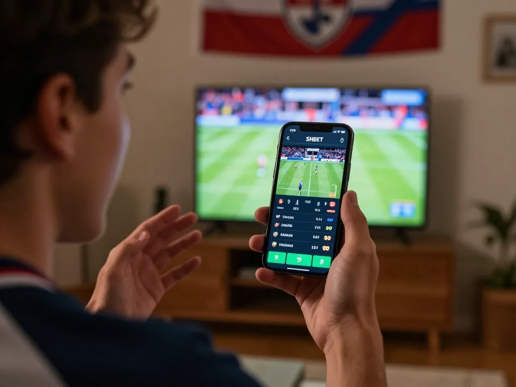 Engaged player using the SHBET mobile app to place live sports bets during a game.