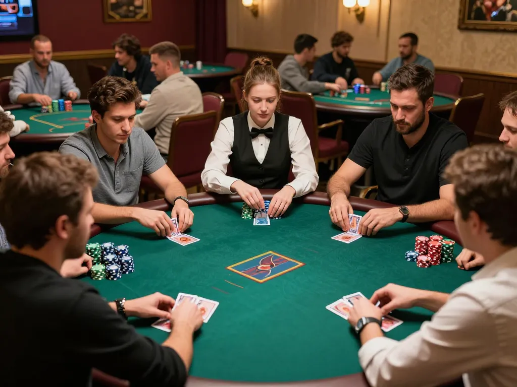 Players enjoying an intense poker game at 789F casino, showcasing strategic gameplay with visible chips and excitement.