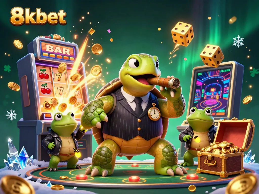 Experience thrilling 8xbet moments with the snapping turtle and bullfrog enforcers in a packed casino scene.