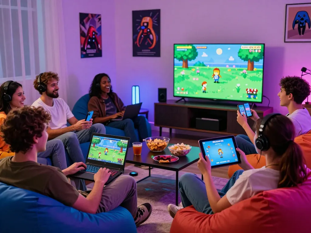 Porn games scene with friends enjoying adult gaming on devices, showcasing vibrant atmosphere and excitement.