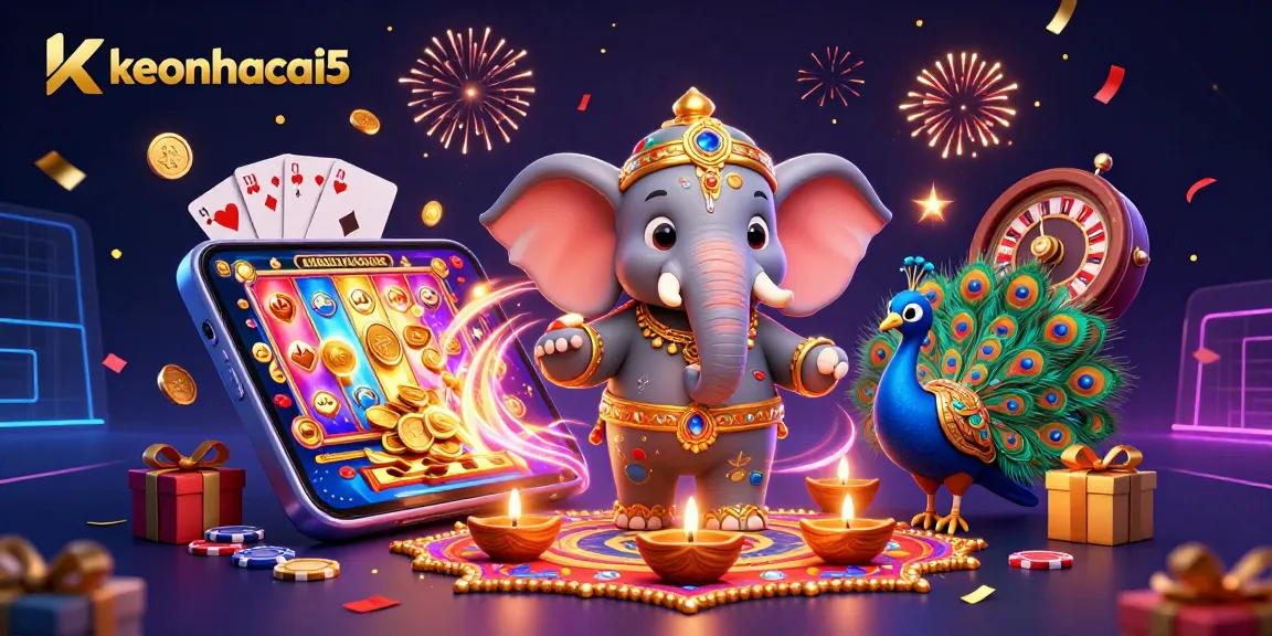 Experience the joy of keonhacai5 with a vibrant casino scene featuring a Diwali elephant and slot games.