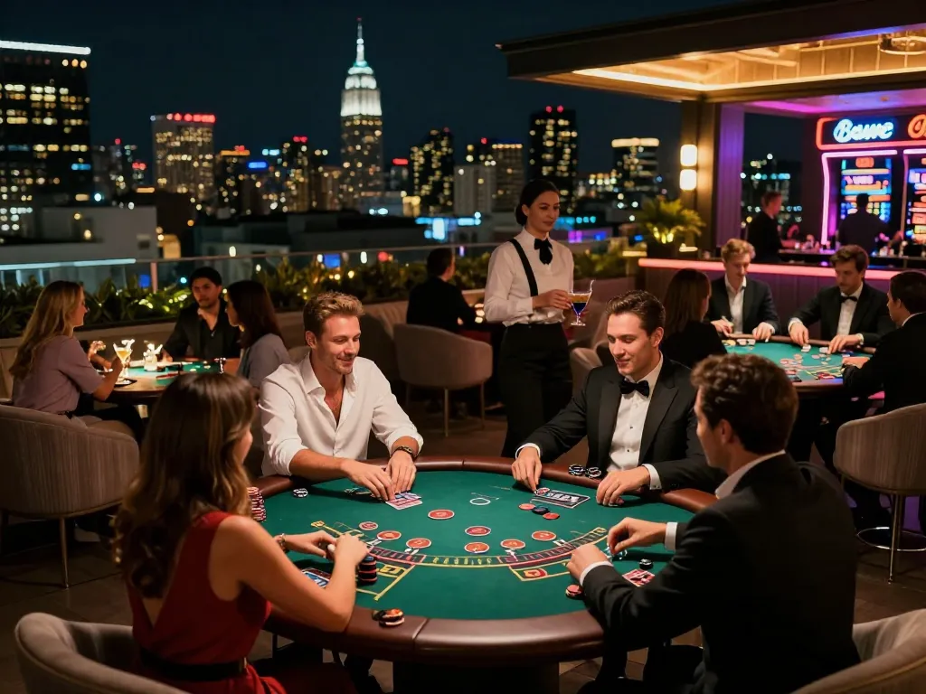 Xoso66 players enjoying the vibrant atmosphere at a high-stakes blackjack table on a rooftop casino terrace