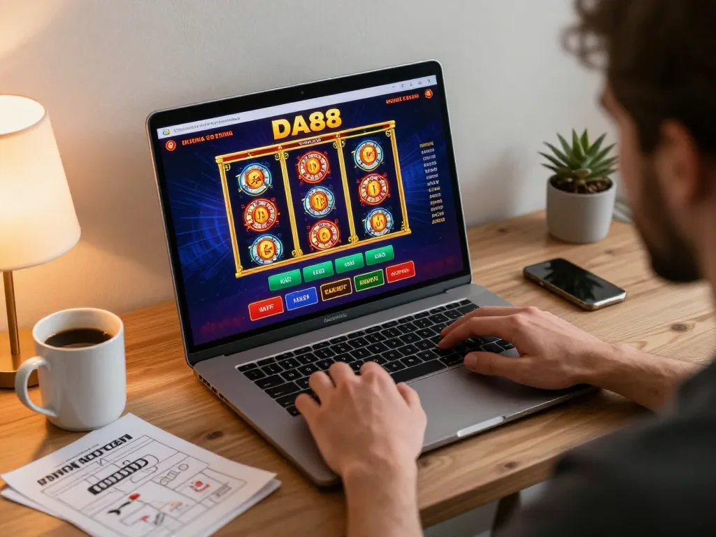 Player enjoying DA88 online casino gaming at home with laptop and warm lighting.