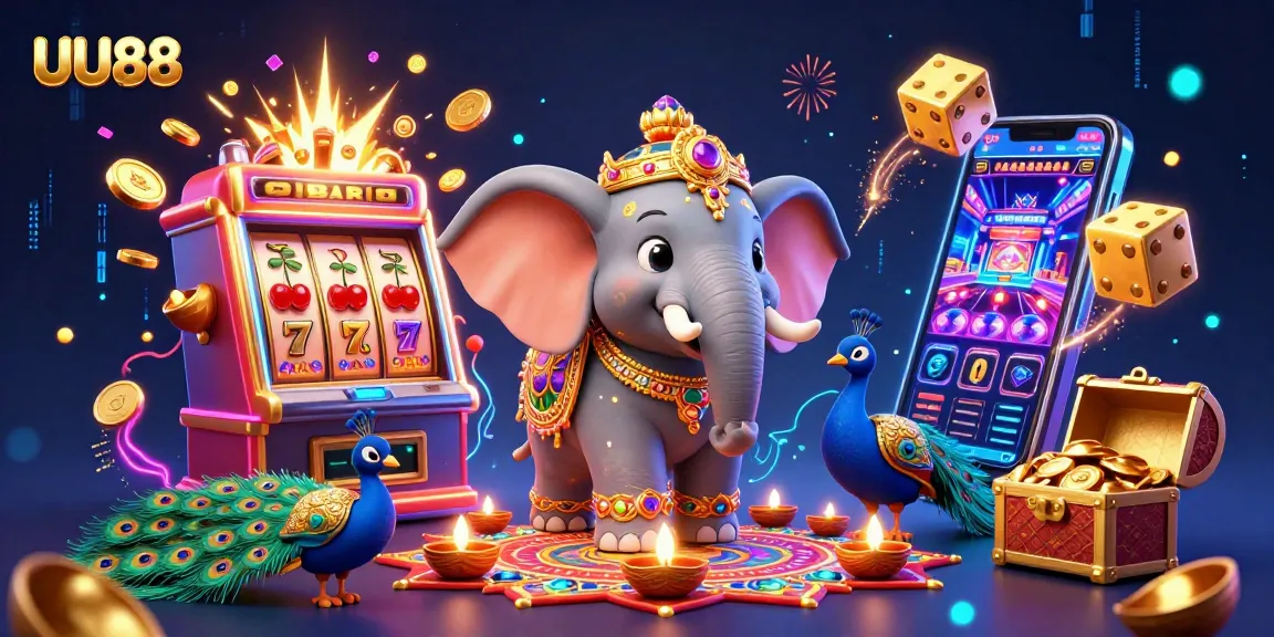 Spin the reels with UU88's vibrant 3D casino scene featuring thrilling jackpots and festive elements.