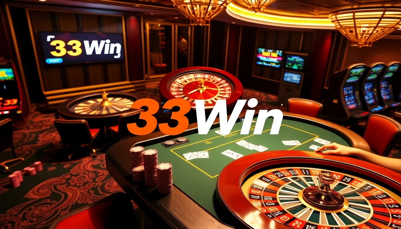 Experience thrilling gaming at nhà cái 33Win with engaging poker and roulette tables in a luxurious casino.