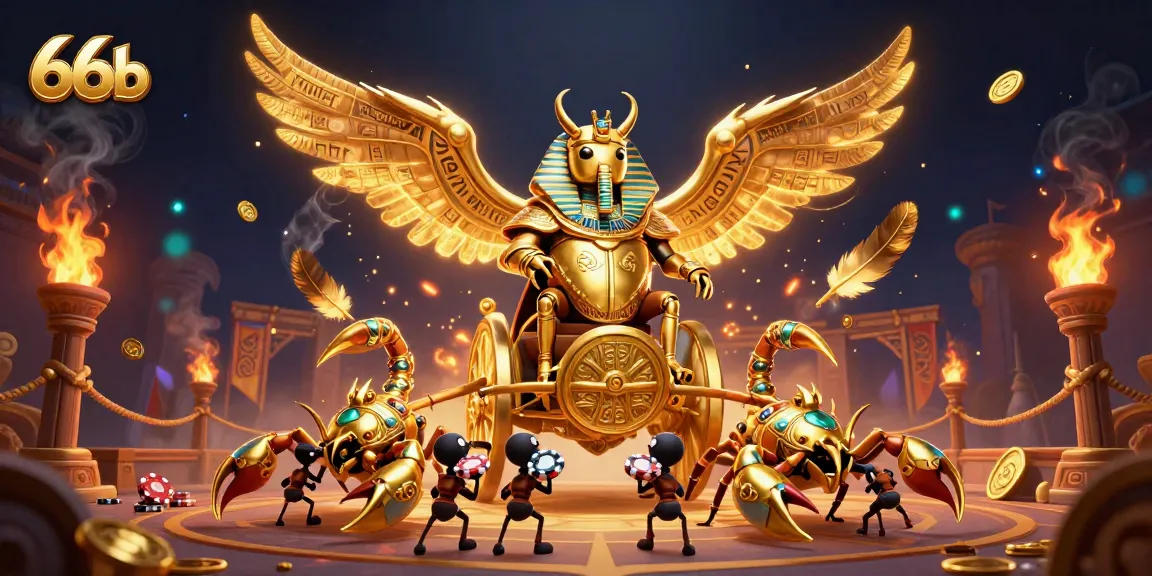 Experience thrilling gameplay with 66b, featuring a golden scarab and poker chips in action.