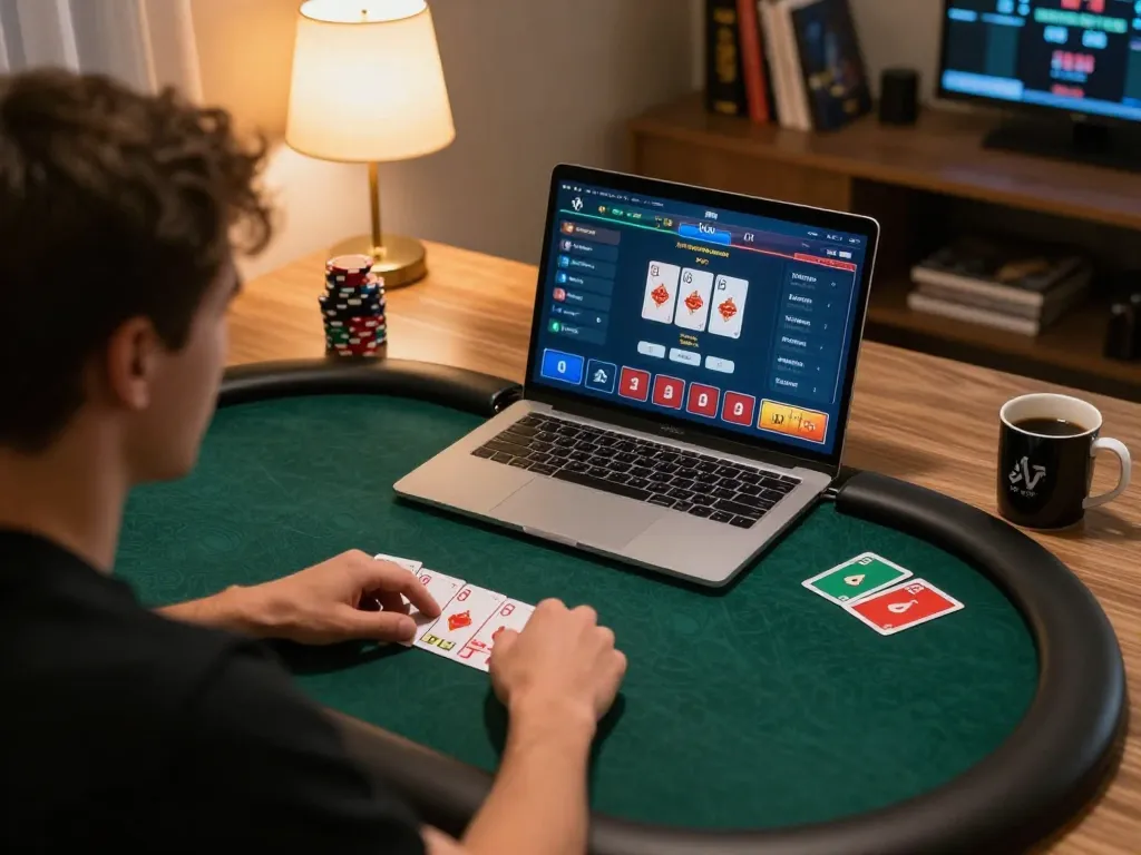 I9BET players engaged in an online poker game with strategic decision-making visible on laptop interface.