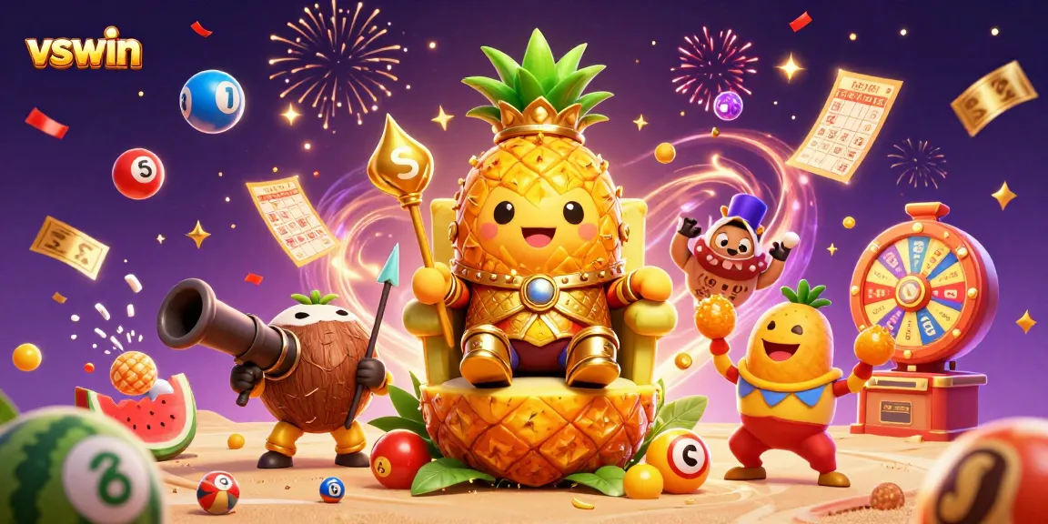 Engage in thrilling gaming at vswin with a vibrant 3D cartoon illustration showcasing a pineapple king and lottery elements.