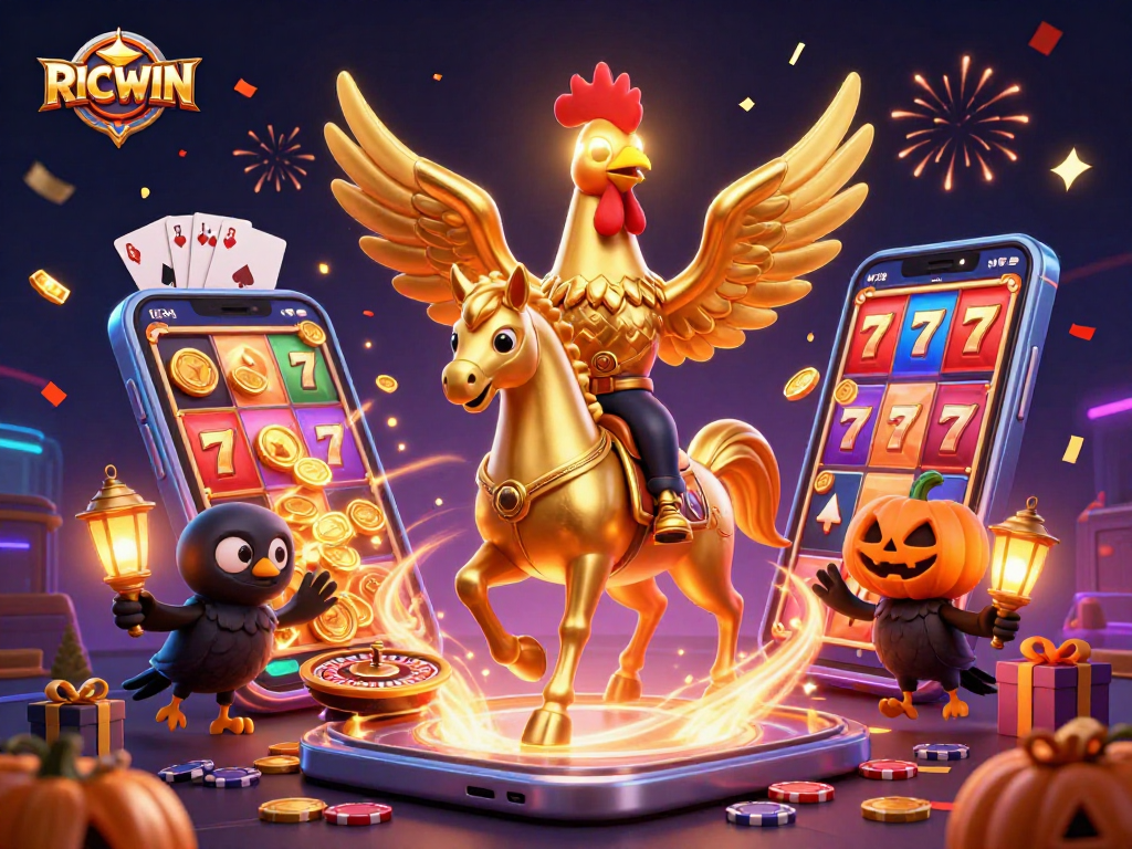 Experience the thrill of RICWIN with a golden rooster and casino elements in vibrant 3D.