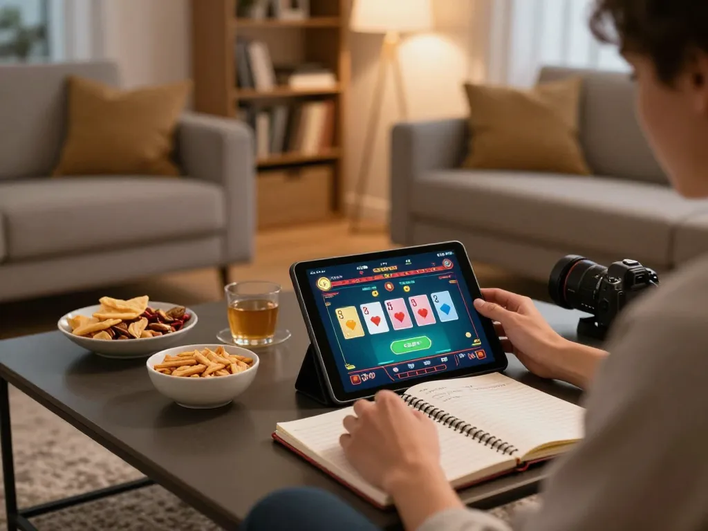 SHBET player enjoying an online casino game on tablet with strategic notes nearby