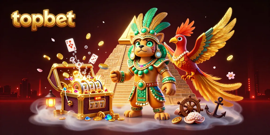 Engage in topbet's vibrant online gaming experience with a colorful scene of a Mayan jaguar priest and symbols of luck.